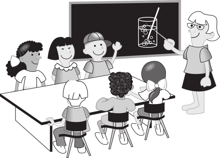 Dessin d'écoliers autour d'une table et écoutant leur institutrice Vignette